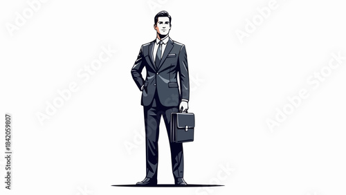 Confident Businessman in Suit Holding Briefcase Standing Tall.
