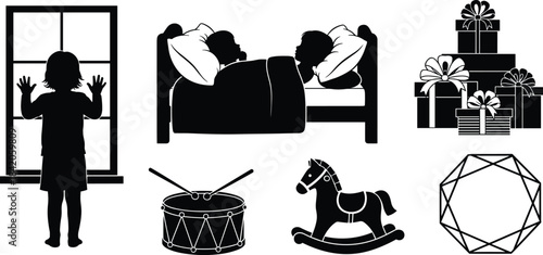 Black silhouette vector illustration showing child at window, sleeping figures, stacked gift boxes, toy drum, rocking horse, and geometric decorative element for holiday themes