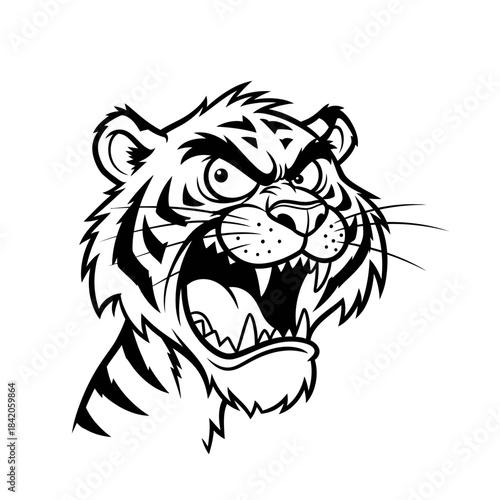 Illustration of snarling tiger head line art.