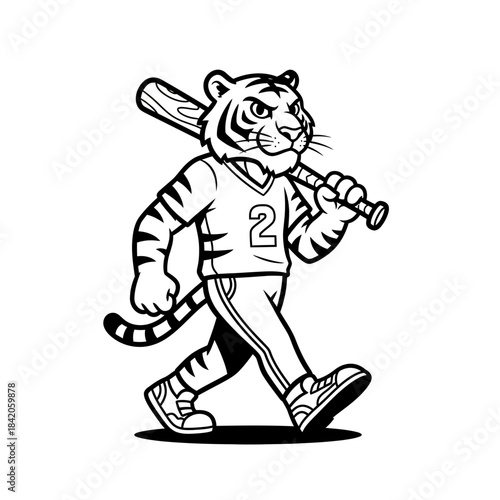 mascot tiger baseball player carrying a bat.