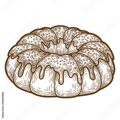 Artistic sketch vintage illustration of a delicious drizzled bundt cake dessert in brown tones