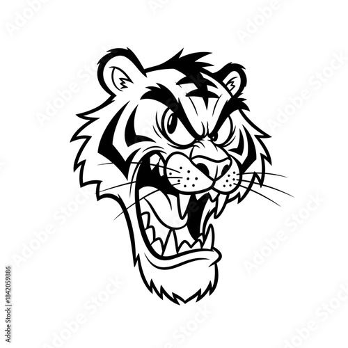 Majestic Tiger Head Roaring Illustration In Black White.