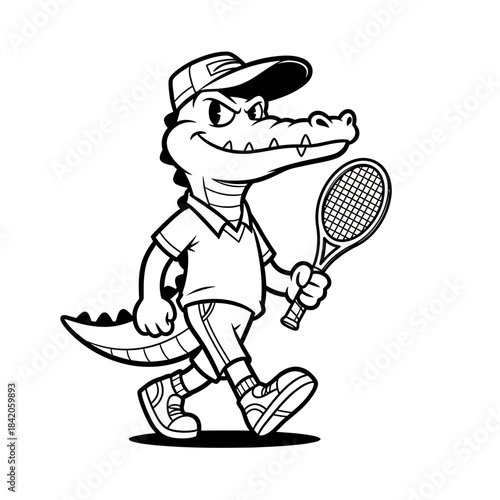 Playful Cartoon Alligator Tennis Player Illustration.