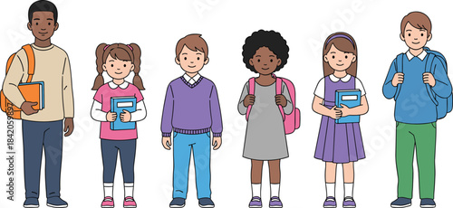 Vector illustration set of diverse schoolchildren standing with backpacks and books, perfect for education themes, learning materials, classroom graphics, and student projects