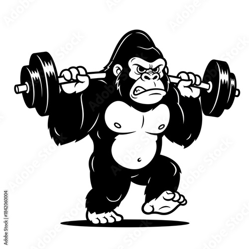 Powerful gorilla lifting heavy barbell illustration.
