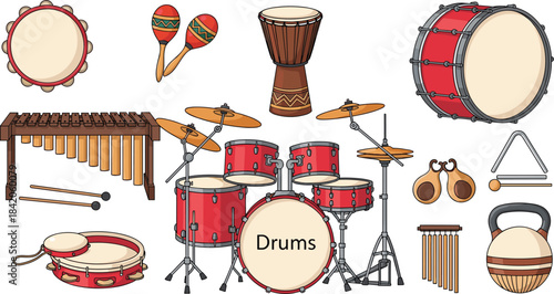 Vector illustration set featuring various percussion instruments including drum kit, tambourine, maracas, xylophone, djembe, snare, and more for music and education projects