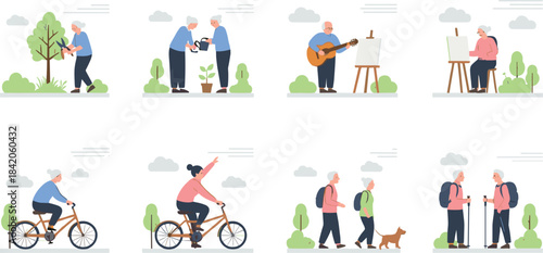 Vector illustration set featuring seniors engaging in outdoor activities such as gardening, painting, cycling, walking, and playing music, promoting active and healthy lifestyles