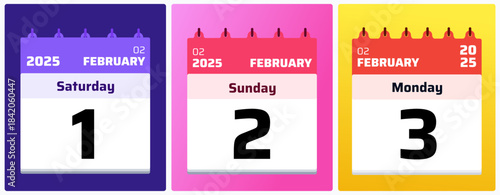 February daily calendar set in modern flat style, suitable for planners, reminders, scheduling layouts, and productivity designs. Dates Set 1,2,3 February Calendar