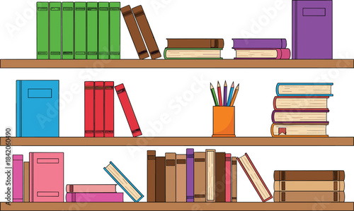 Colorful vector illustration of bookshelves filled with books, notebooks, pencils, and stacked items, perfect for education, library themes, and study-related designs