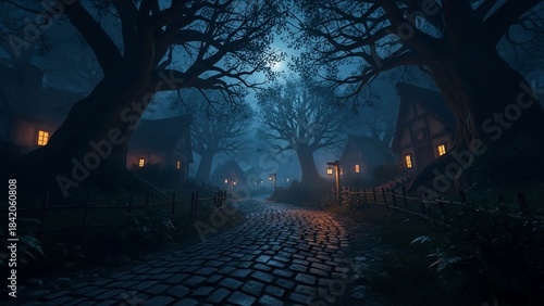 Mysterious Cobblestone Path Through a Dark, Foggy Forest at Night.