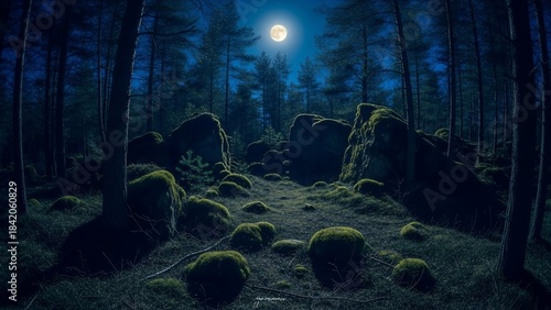 Mystical Forest Clearing Under a Full Moon.