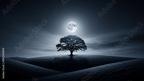 Mystical Full Moon Illuminates Solitary Tree on Rolling Hills.