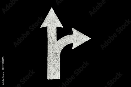 T-Intersection Road Marking Arrows Pointing Straight and Right, Isolated on Black