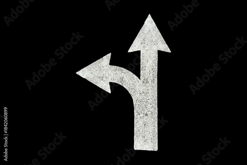 T-Intersection Road Marking Arrows Pointing Straight and Left, Isolated on Black