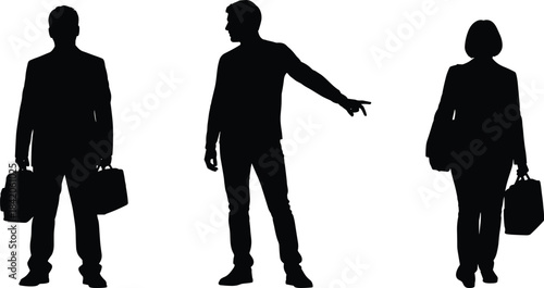 Three black silhouettes of business people holding briefcases one man points woman