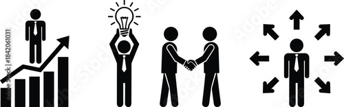 Stick figure business concepts growth handshake lightbulb and arrows graph