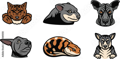 Six Stylized Animal Heads and a Reptile Illustration pitbull husky