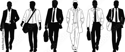 Six men in business attire walking in silhouette and line art black and white