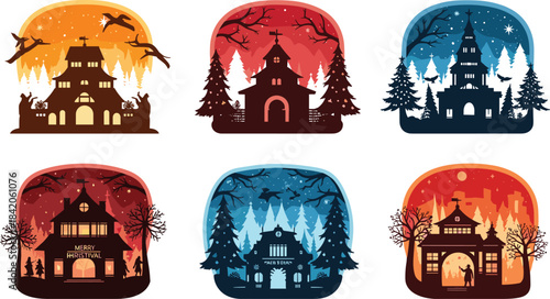 Six silhouette scenes of festive buildings with trees and sky elements christmas