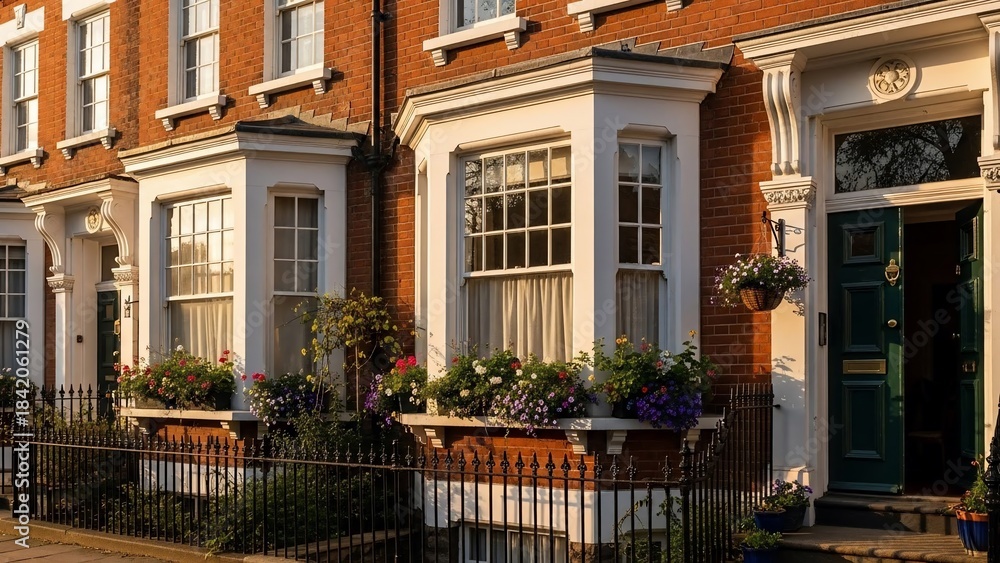 Fototapeta premium Row of traditional terraced houses with bay windows and flower boxes.