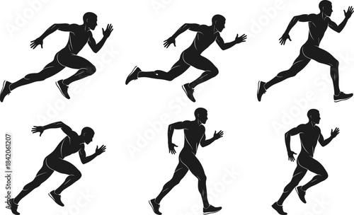 Six black silhouette figures of male runners in motion on a white background running