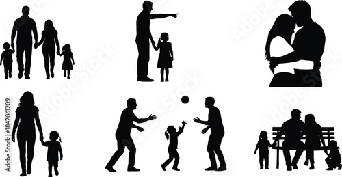 Six black silhouette scenes of families and couples interacting family silhouettes