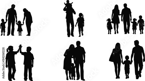 Six black silhouette family groups walking holding hands and interacting people parents