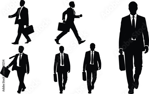 Six black silhouette business men in suits walking and standing with briefcases vector