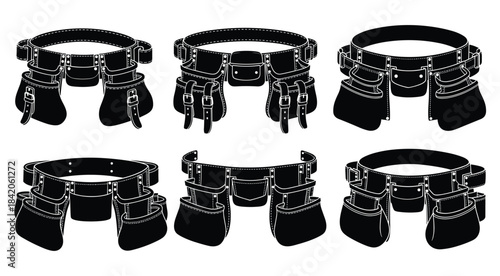 Six black leather tool belts with multiple pouches and buckles on white background