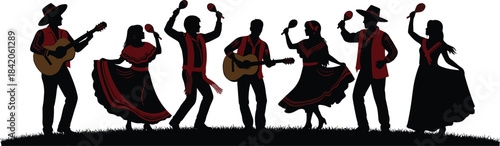 Silhouettes of mariachi band musicians playing guitars and maracas on grass vector