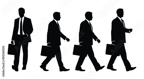 Four black silhouettes of men in suits and ties walking with briefcases businessman