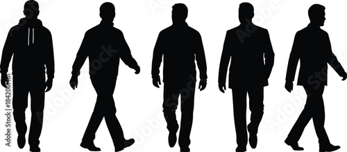 Five black silhouettes of men walking in different attire male person