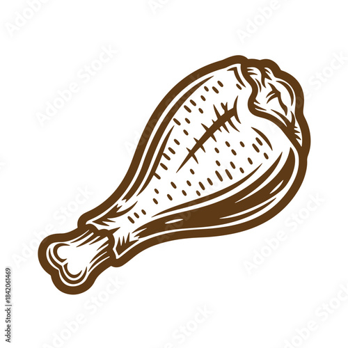 Detailed brown sketch of a delicious roasted chicken drumstick isolated on white background.