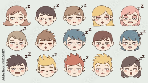Collection of Tired and Sleepy Faces Expressing Exhaustion.
