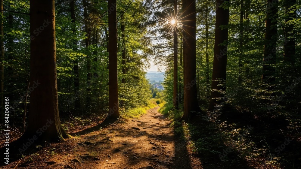 Obraz premium Sunlight filtering through a dense forest path.