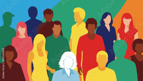 Diverse group of people standing together in colorful silhouettes.