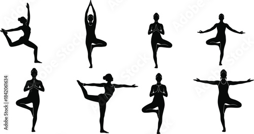 Eight black silhouette female yoga poses on white background woman fitness
