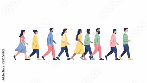 Diverse group of people walking together in a line.