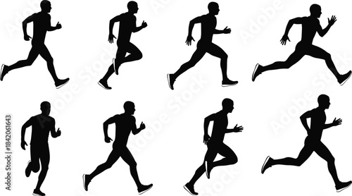 Eight black male runner silhouettes in various running poses on white background