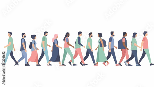 Diverse group of people walking together in a line, showcasing various cultures and styles.