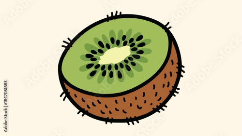 Half-cut kiwi fruit with green flesh and black seeds.