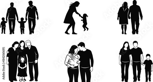 Diverse family silhouettes walking holding hands and embracing people parents