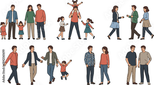 Diverse group of people in casual clothing interacting and walking family woman