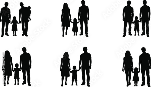 Black silhouettes of families holding hands and carrying children family white