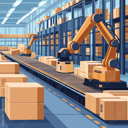 Automated Warehouse Robotic Arms and Conveyor Belts Optimizing Logistics , vector style simple color