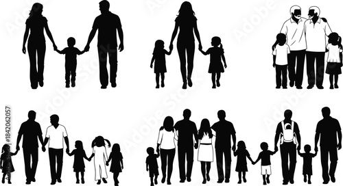 Black silhouettes of diverse families walking holding hands family people