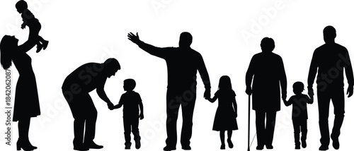Black silhouettes of a multi-generational family group on a white background vector