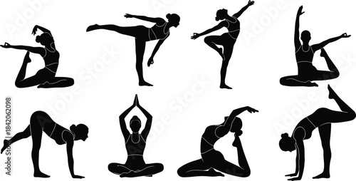 Black silhouette yoga poses of a woman in various positions on white background exercise