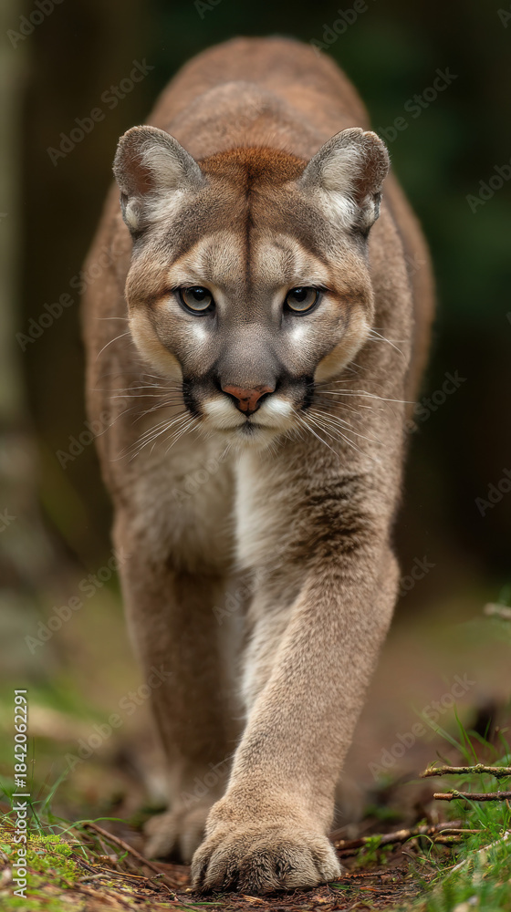 Fototapeta premium Puma Cat Walking in Forest Viewed from Front with Intense Focus