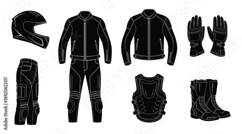 Black silhouette motorcycle riding gear including helmet jacket pants gloves vest and boots